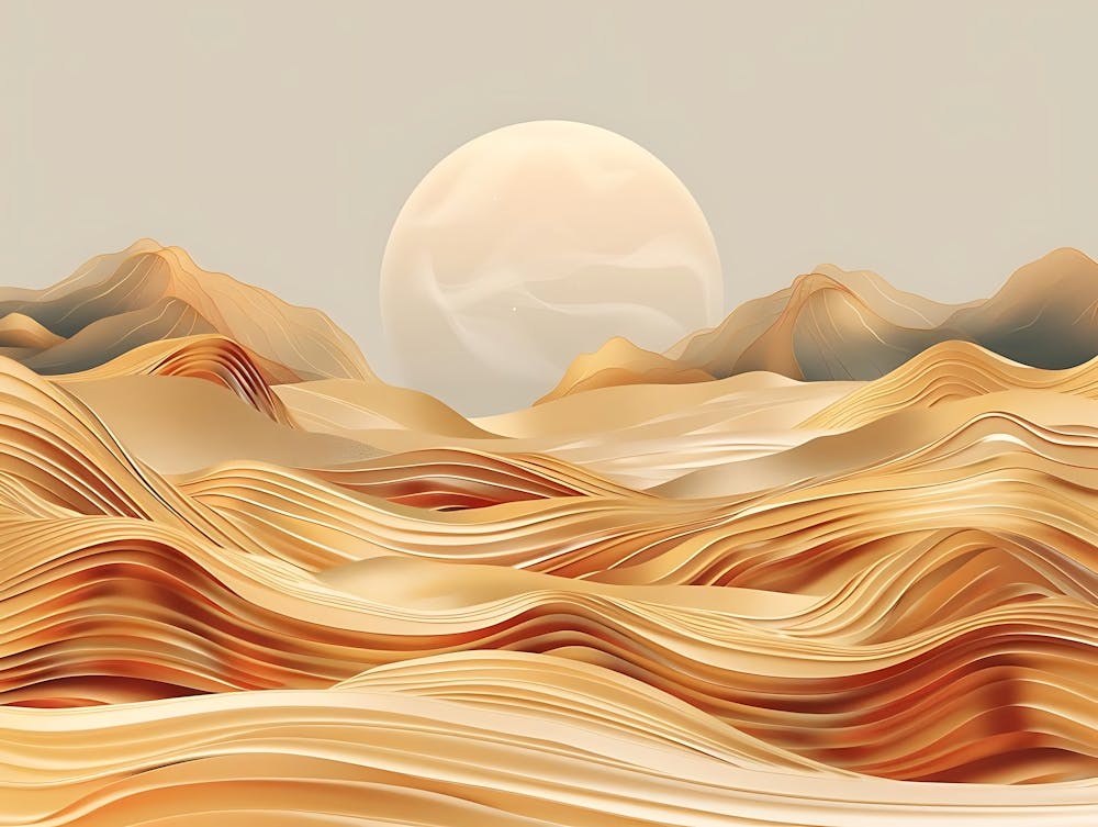 Abstract Desert Landscape With Swirling Sand Dunes And A Large Sun
