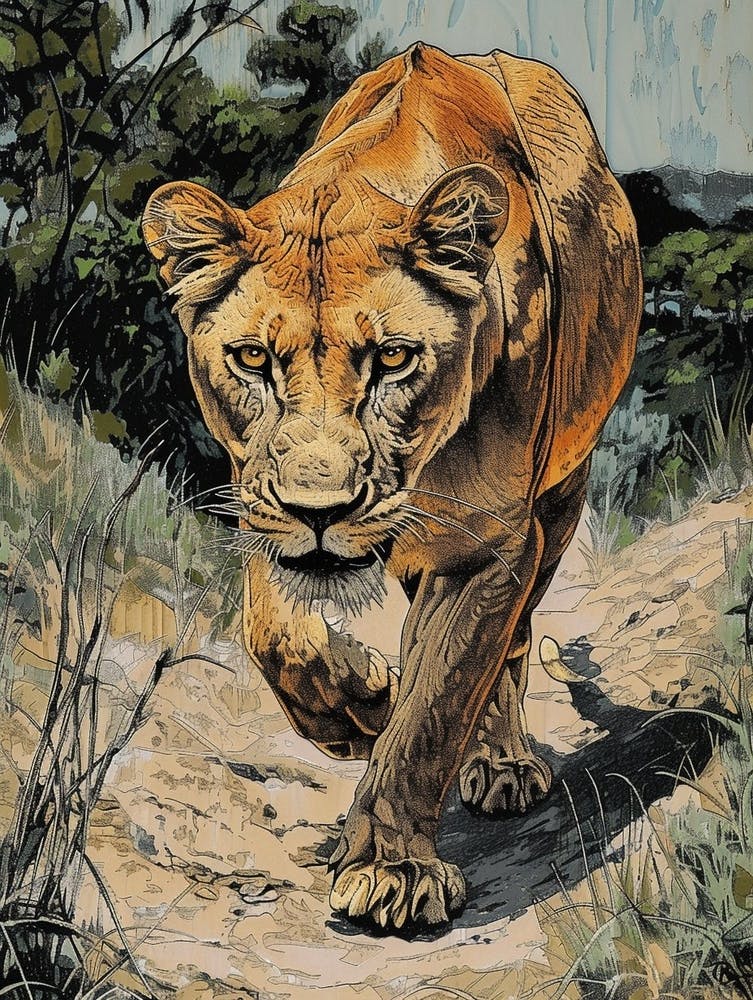 Barbary Lion Relief Illustration Lioness 1