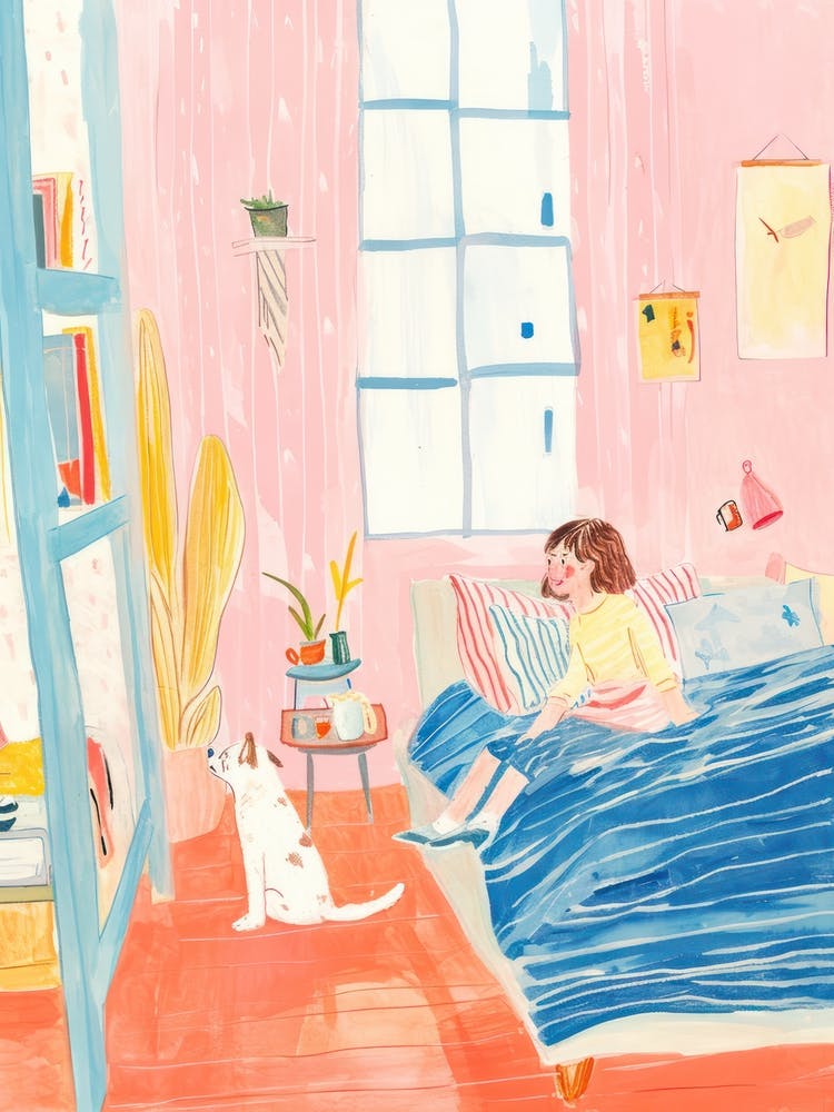 Girl Sleeping With Cats Tv Lo Fi Kawaii Illustration 1