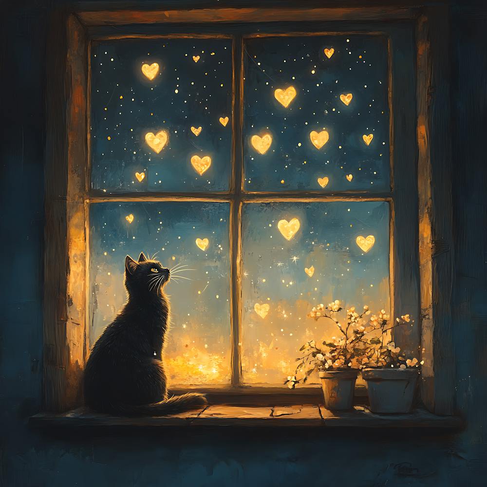 Dreamy Night Sky with Heart Stars Cat 2