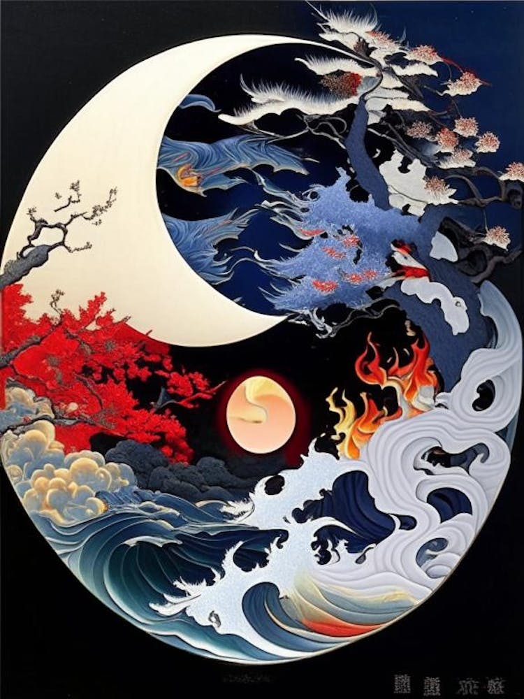 Fire And Water 6, Yin and Yang Japanese Ukiyo E Style