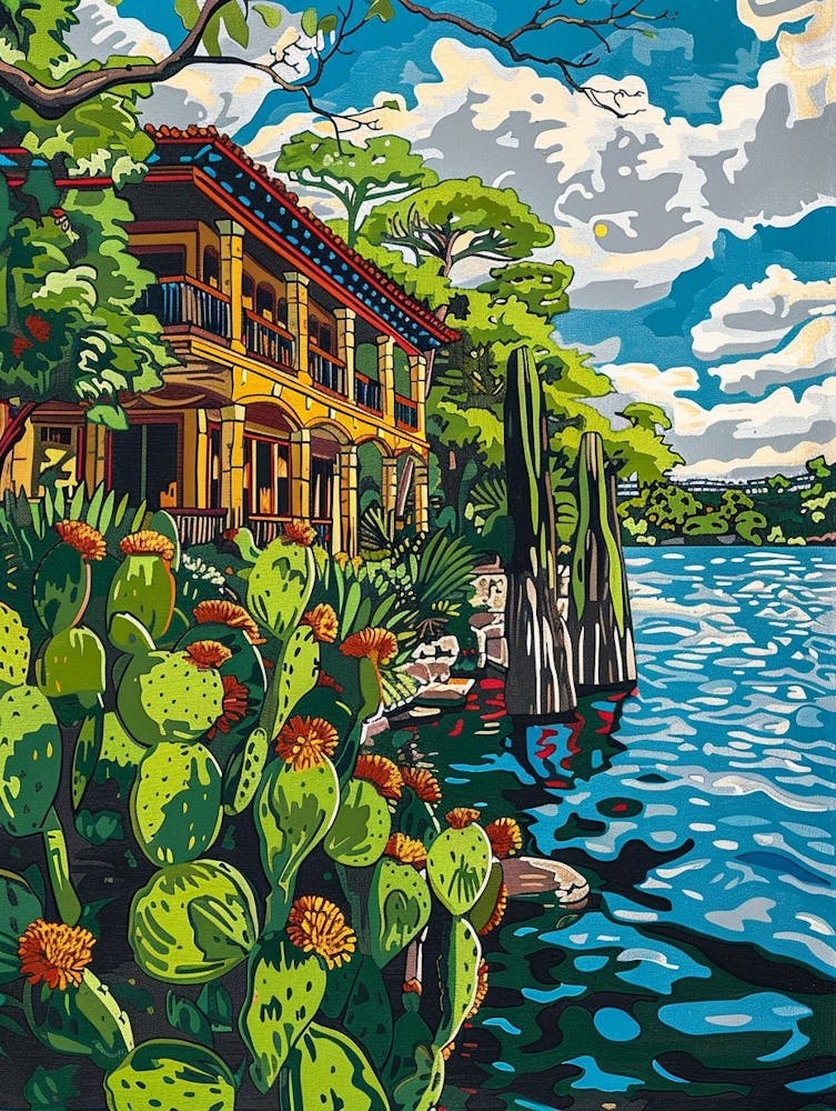 The Oasis On Lake Travis Austin Texas Colourful Blockprint 3