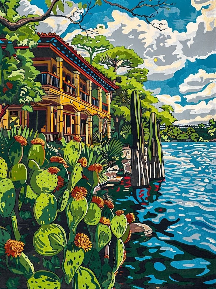 The Oasis On Lake Travis Austin Texas Colourful Blockprint 3