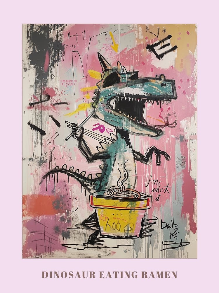 Dinosaurier isst Ramen Rosa Graffiti Pinselstrich Poster