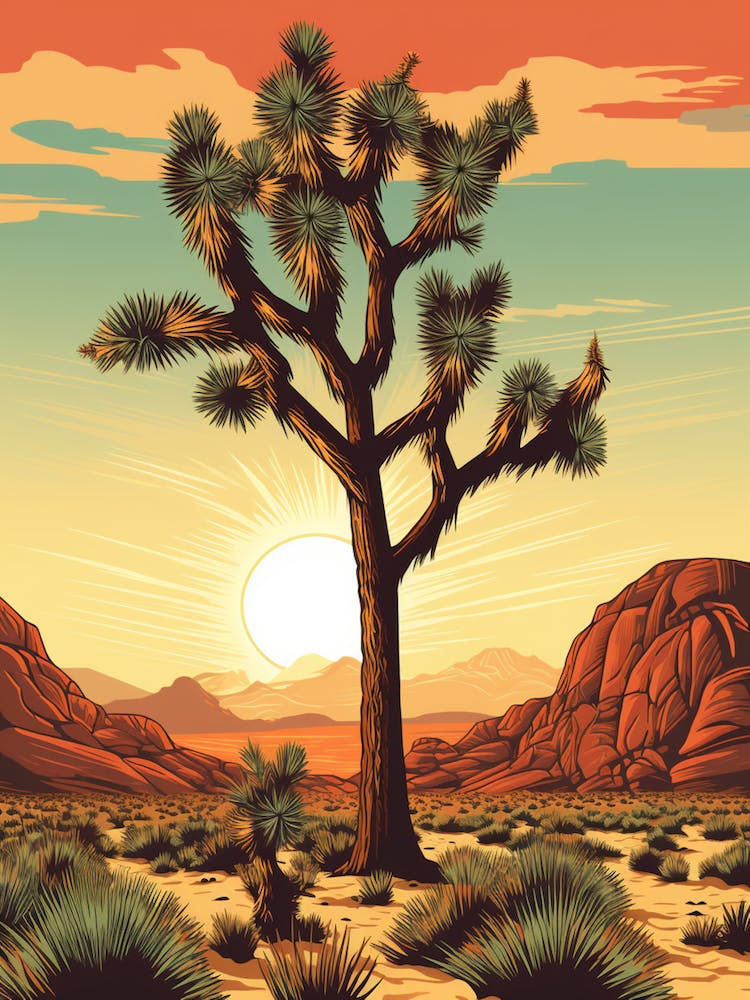 Retro Illustration Of A Joshua Tree At Dawn In Desert 4