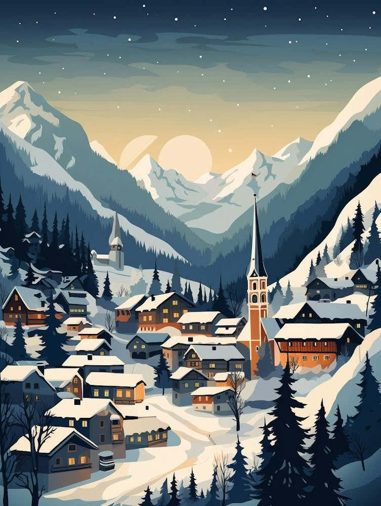 Winter Travel Night Illustration Lech Austria 2