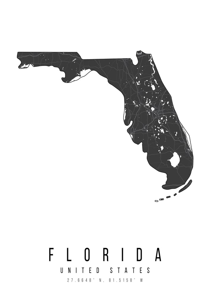 Florida Mono Black And White Modern Minimal Street Map