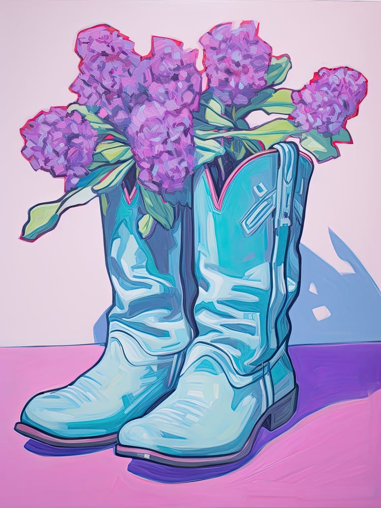 A Painting Of Cowboy Boots With Purple Lilac Flowers, Fauvist Style, Still Life 1