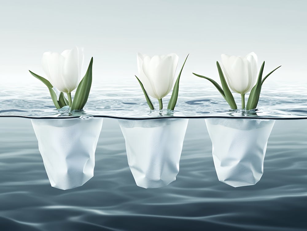 Three White Tulips In Paper Bags