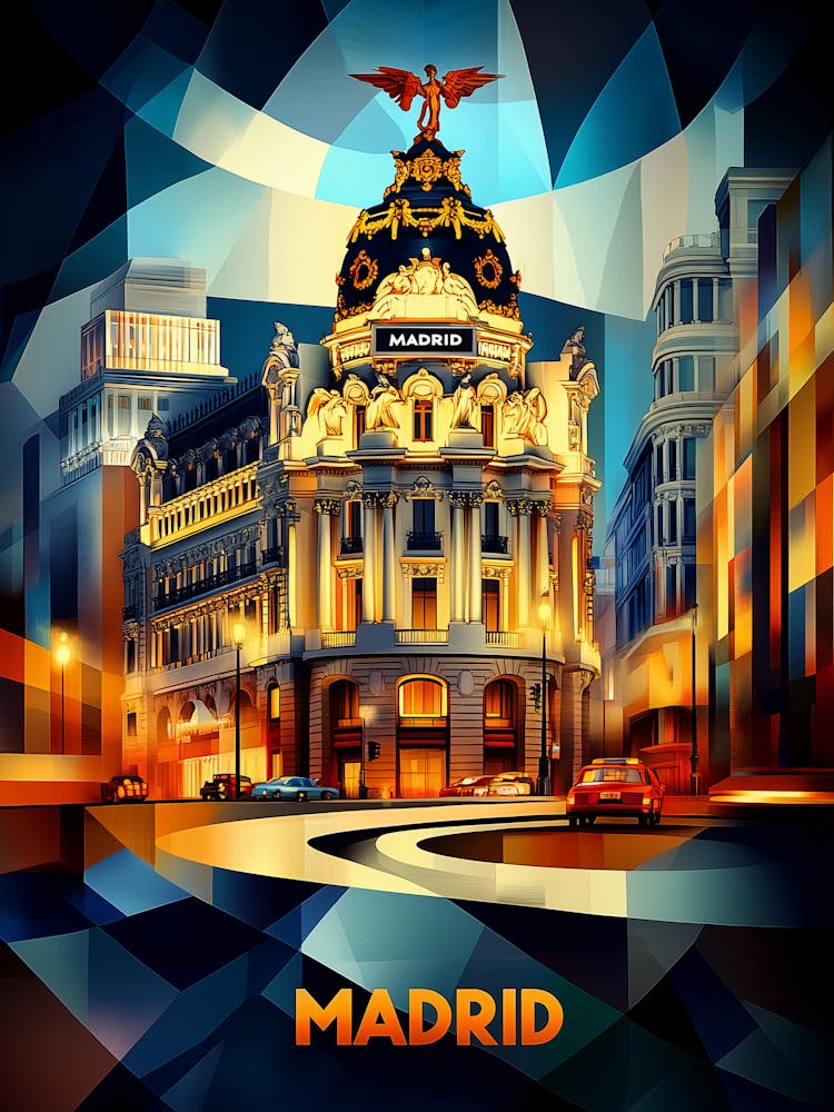 Madrid Cubist Elegance, Modern Geometric Cityscape Poster