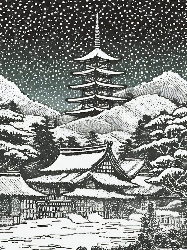 A Snow Covered Village With A Distant View Of A Pagoda Ukiyo-E Style 1