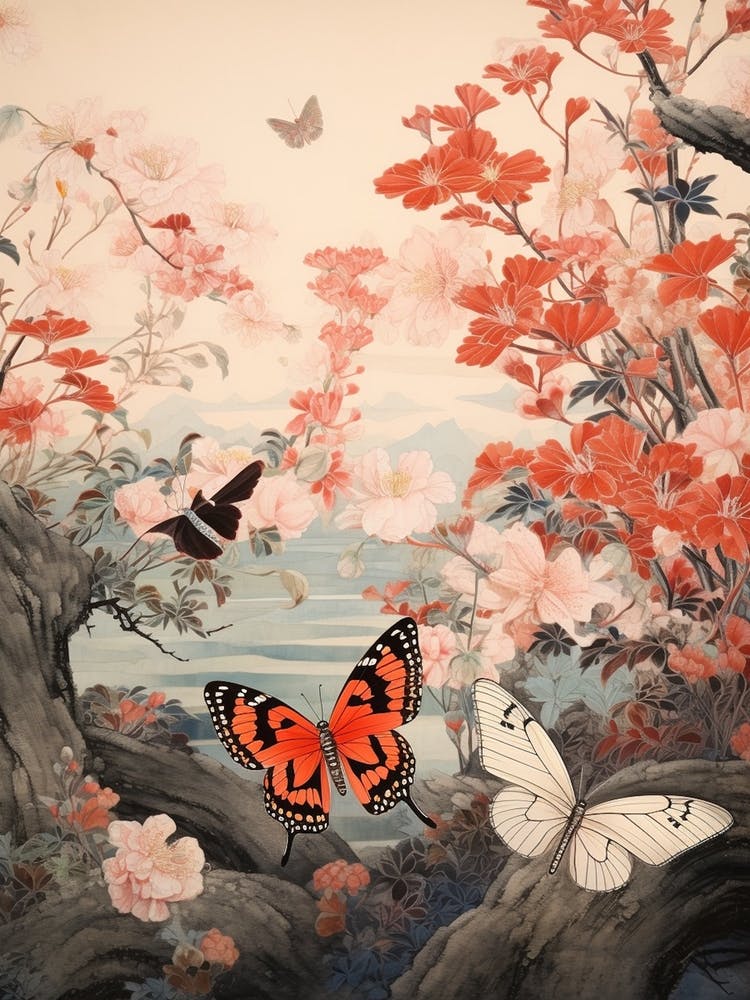 Butterfly Red Tones Japanese Style Painting 1