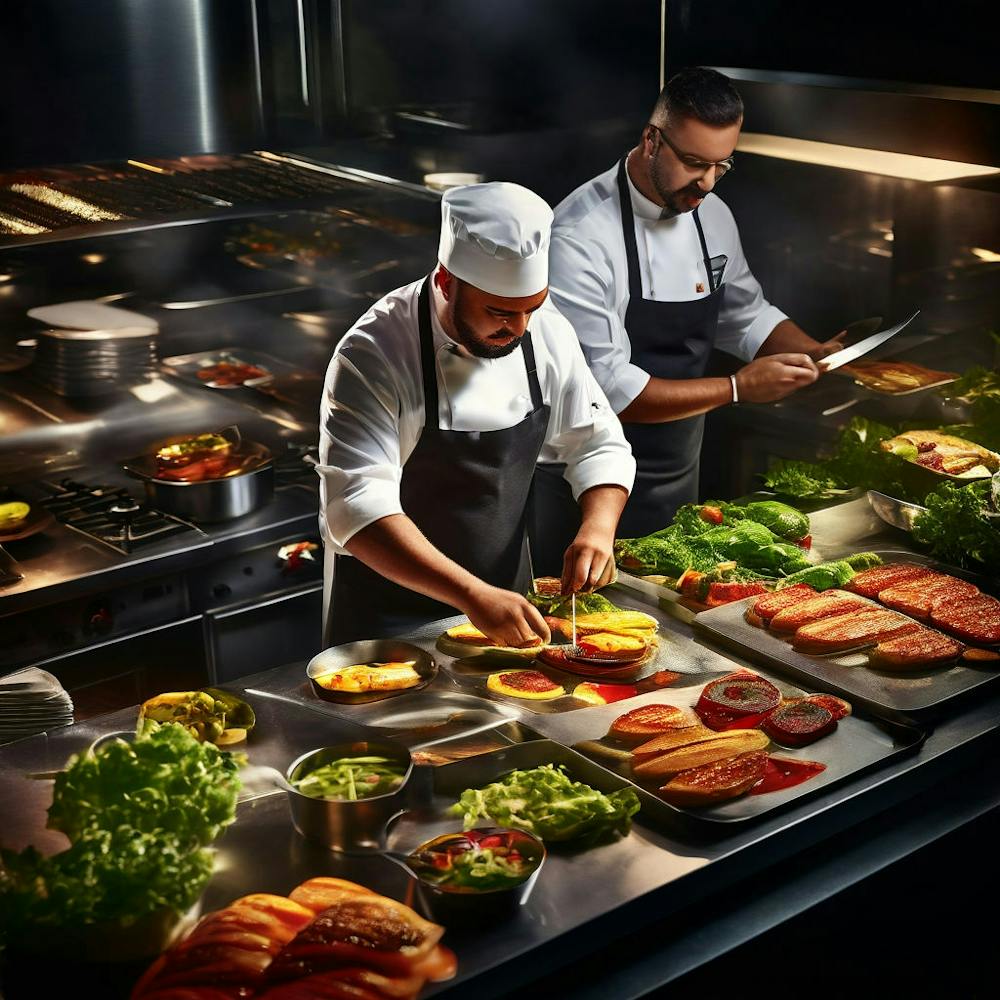 Overhead View Of A Burger Kitchen In Action Chefs Proudly Plating Gourmet Burgers Stunning Stainle 555813656