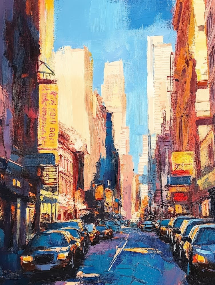 Colorful Painting Of City Street On Sunny Day