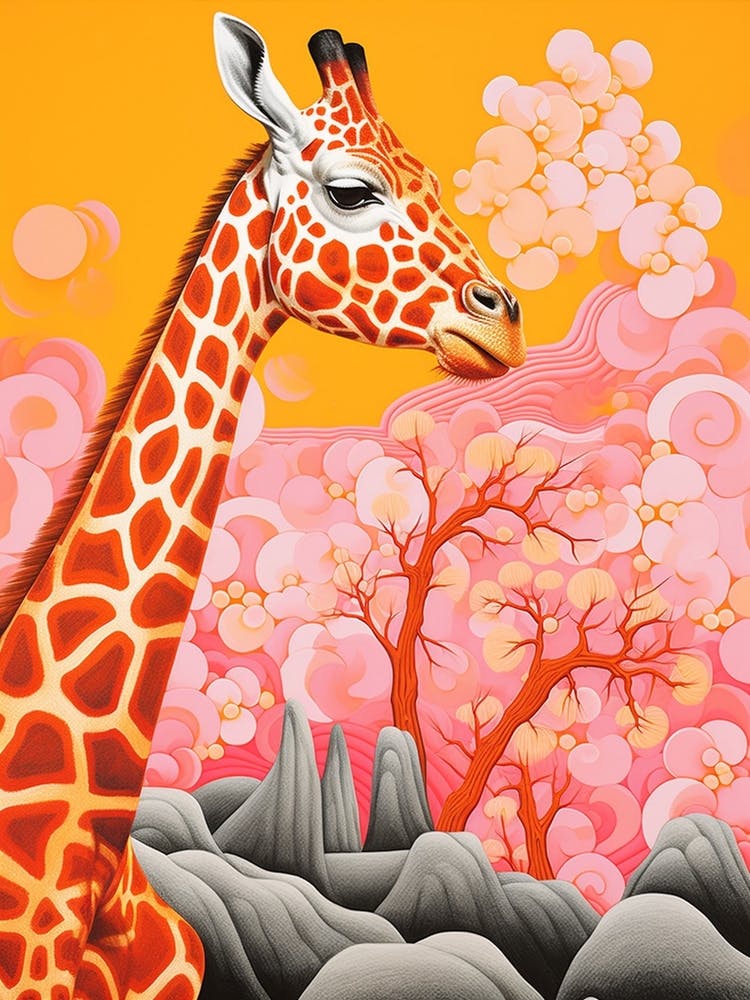 Giraffe With Trees In The Background Pink & Mustard 5