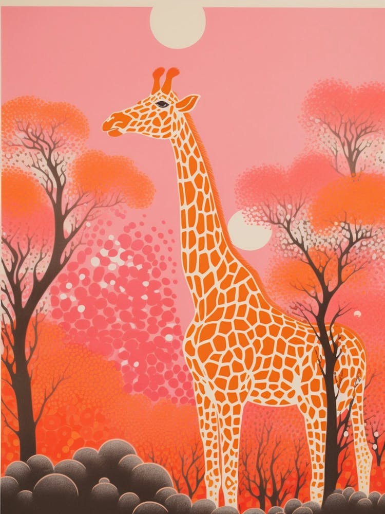 Giraffe Exploring The Nature Orange & Pink 1