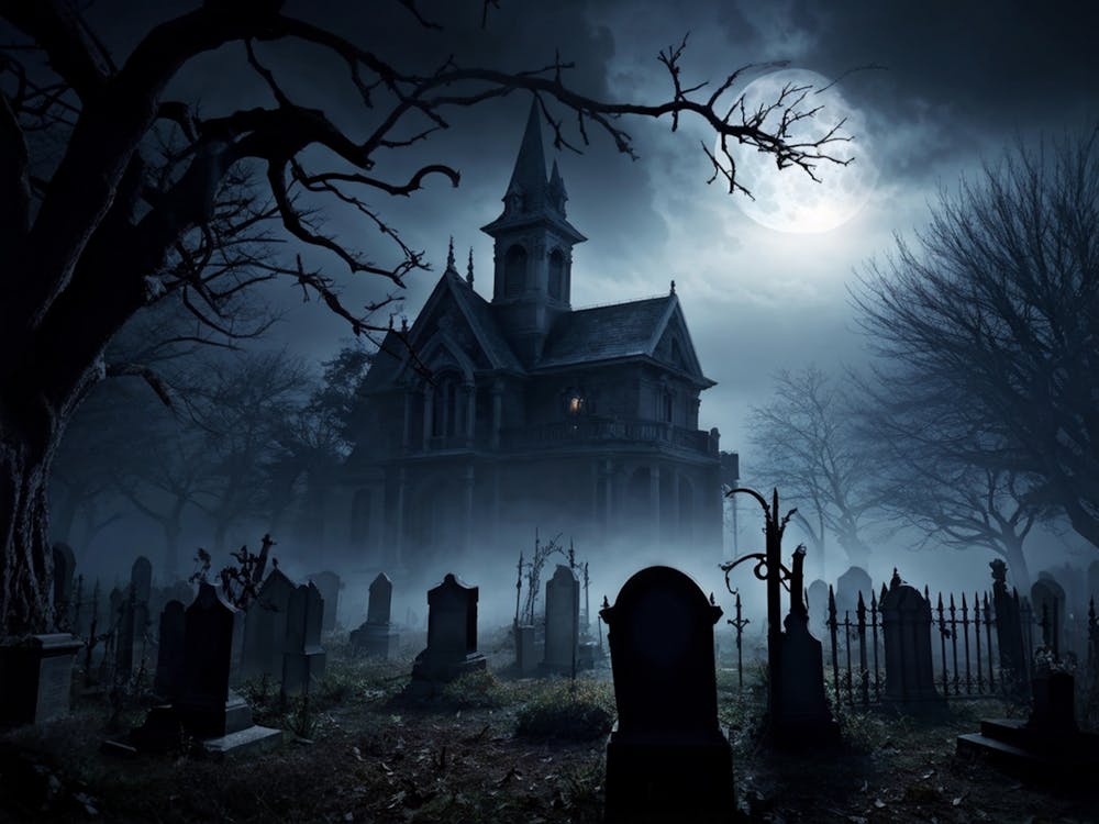 Frightened Souls Hovering Over A Mist Enshrouded Graveyard Full Moon Piercing Through Ominous Cloud (1)