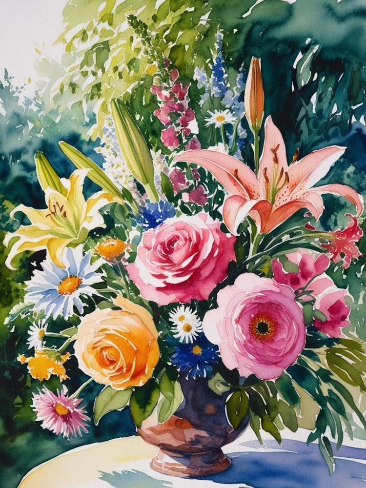 Watercolor Flowers In A Vase