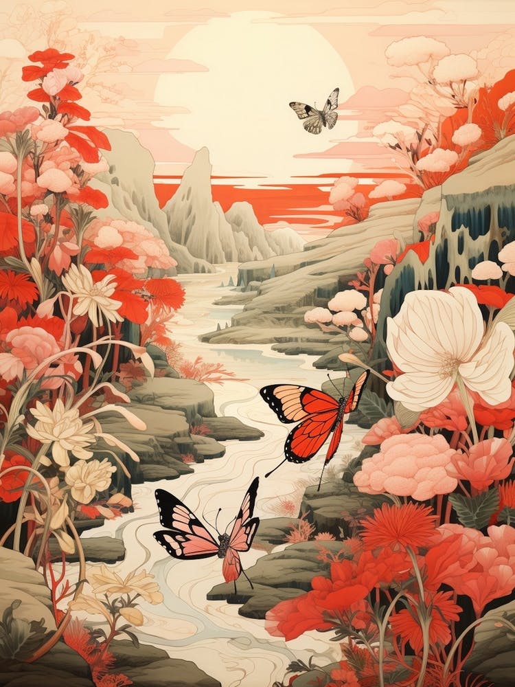 Red Flowers & Sun Japanese Style Painting
