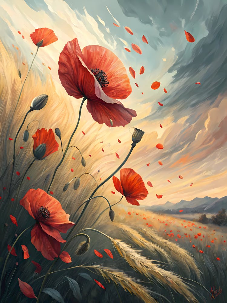 Oil Painting Style Poppy Petals Flowing Into Abstract