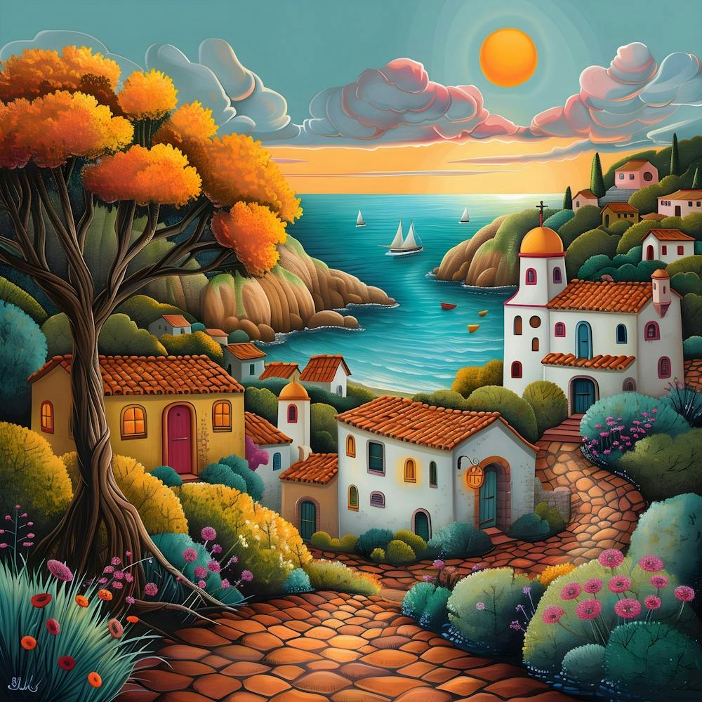 Mediterranean Village, Naive, Whimsical, Folk