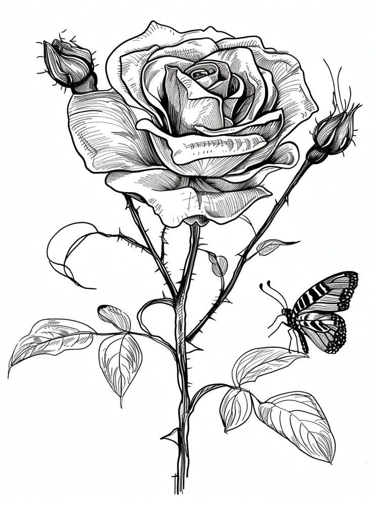 Butterfly Rose Line Drawing 4