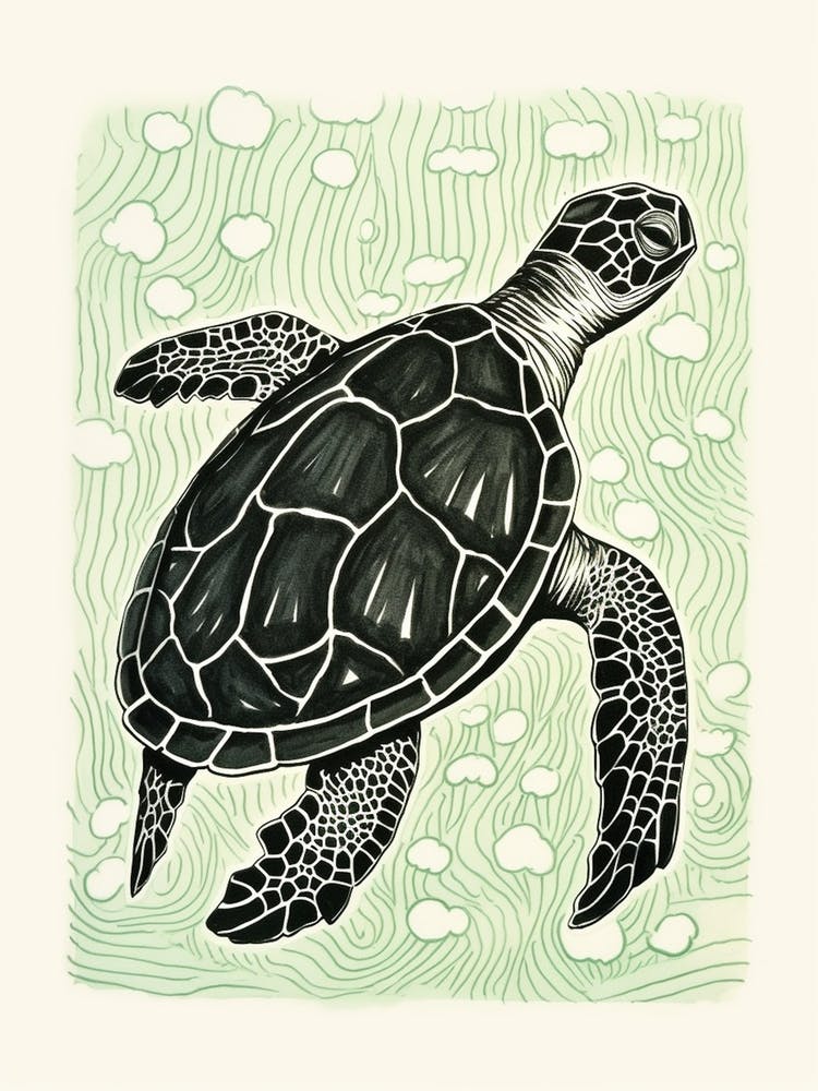 Sea Turtle Green Linework Illustration