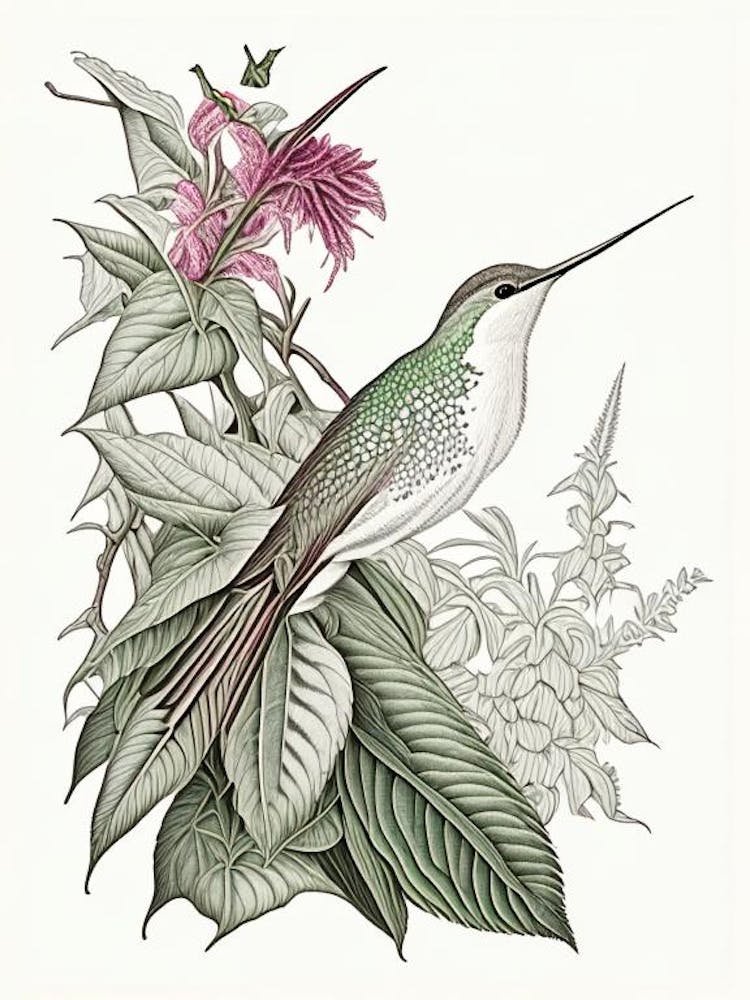 Hummingbird In Foliage Vintage Botanical Line Drawing