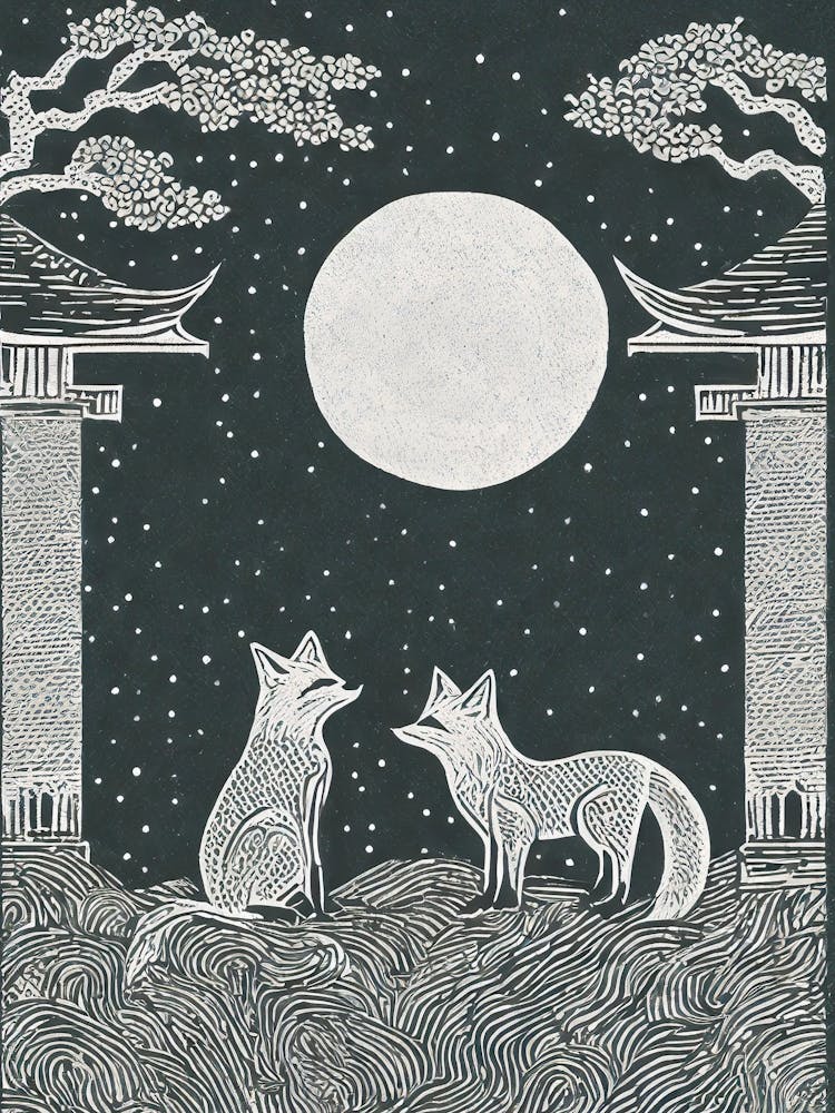 A Mystical Scene Of Fox Spirits In A Moonlit Shrine