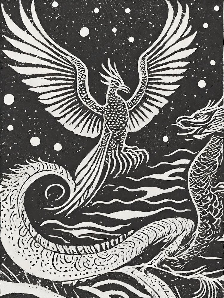 Phénix et Dragon Linogravure