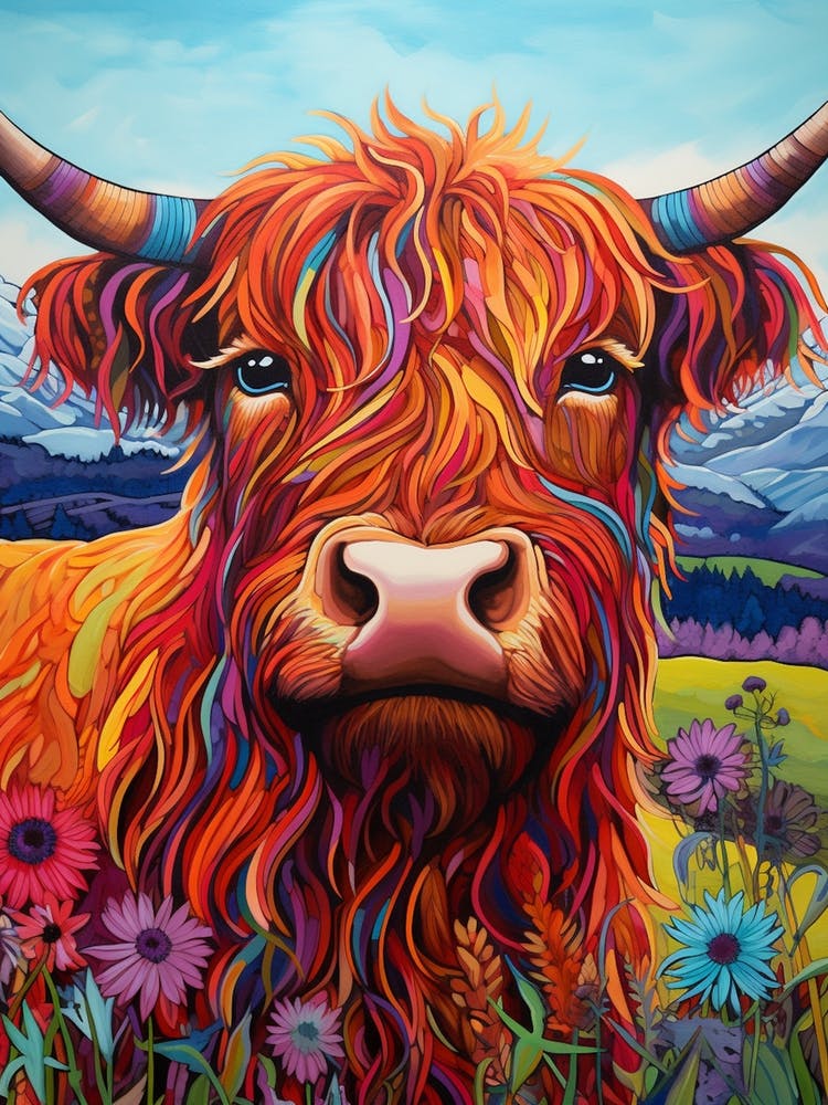 Colourful Illustration Of Highland Cow On Clear Day 2