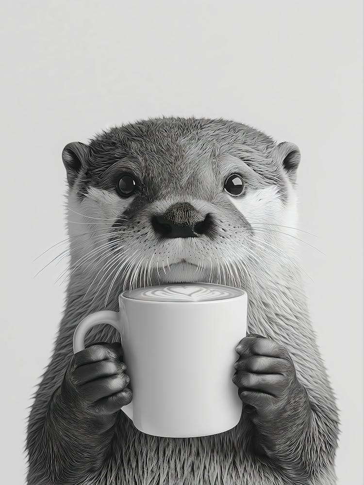 Otter And Coffee Wall Art, Black And White Print, Otter Print, Coffee Lover Print, Funny Animal Poster, Coffee Bar Decor, Kitchen Wall Decor