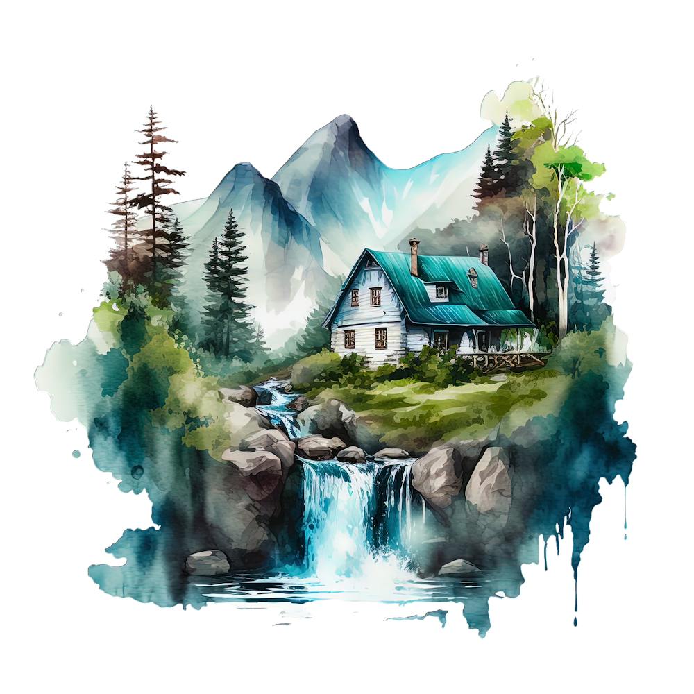 Watercolor House In The Mountains