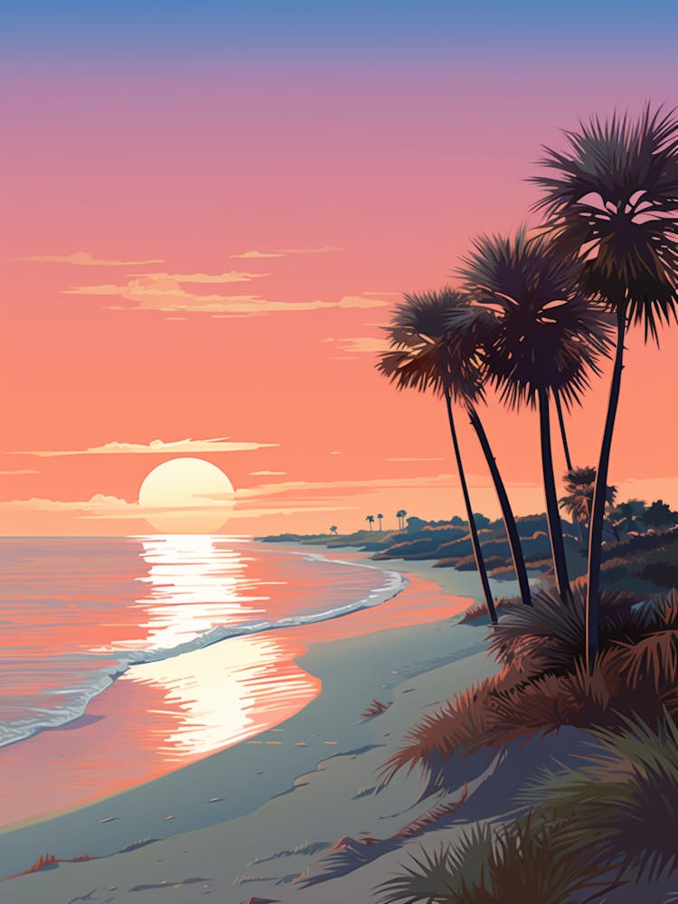 Illustration Of Gulfport Beach Mississippi In Pink Tones 1