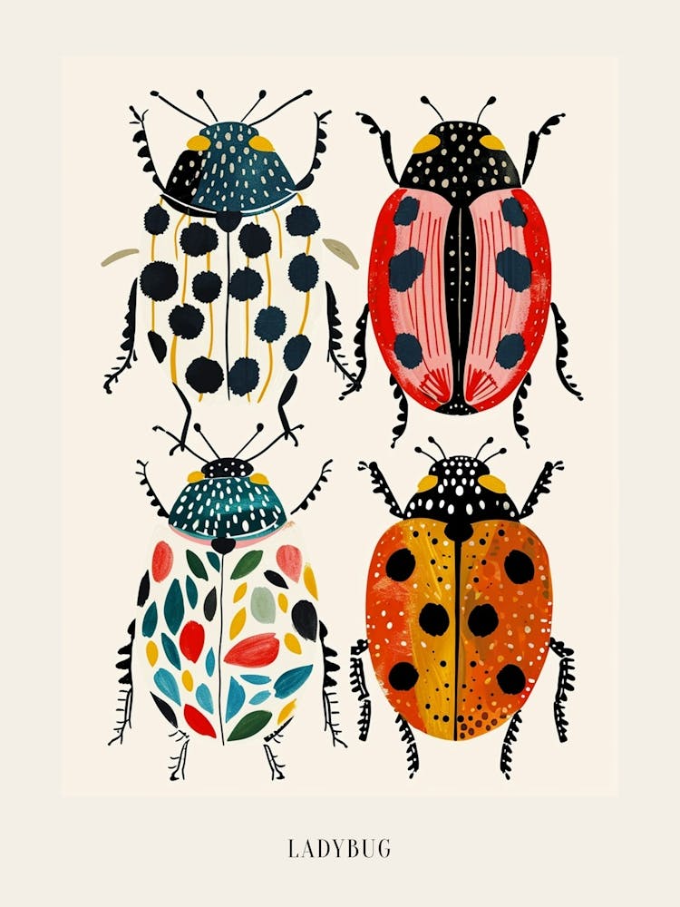 Bunte Insektenillustration Marienkäfer 4 Poster