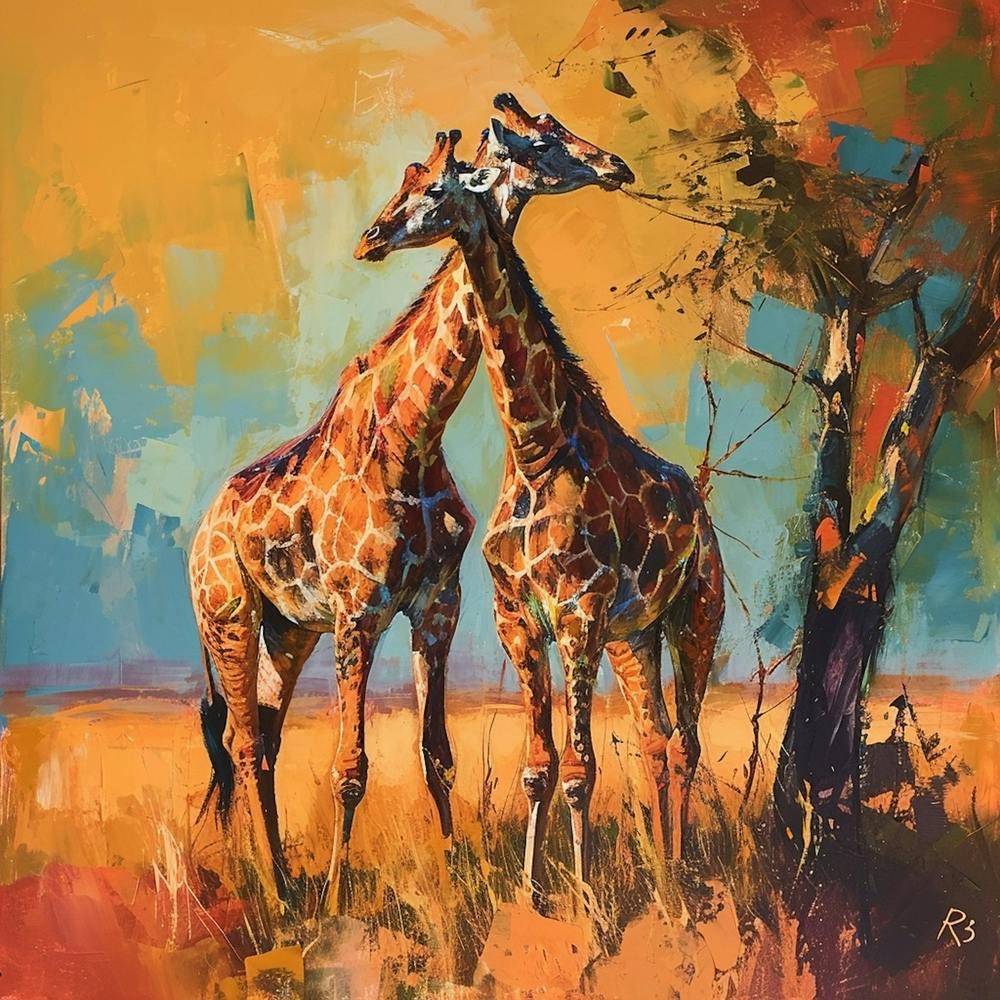 Giraffes Eating Tree Branches Brushstroke 4