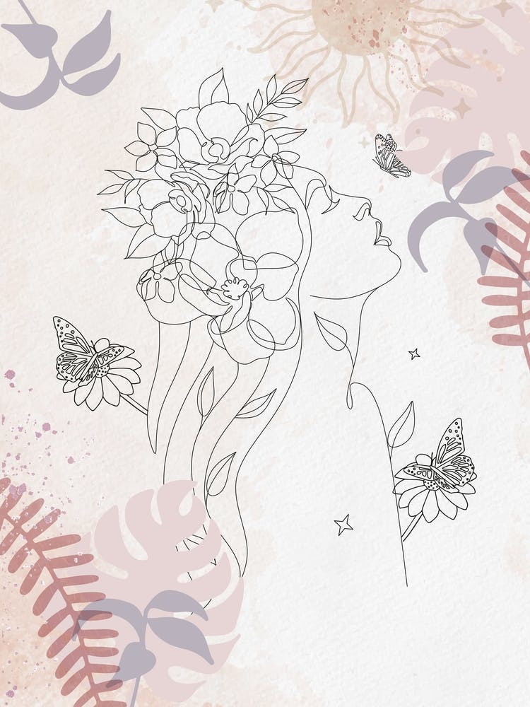 Frau mit Blumenkrone – Elegante Botanische Linie