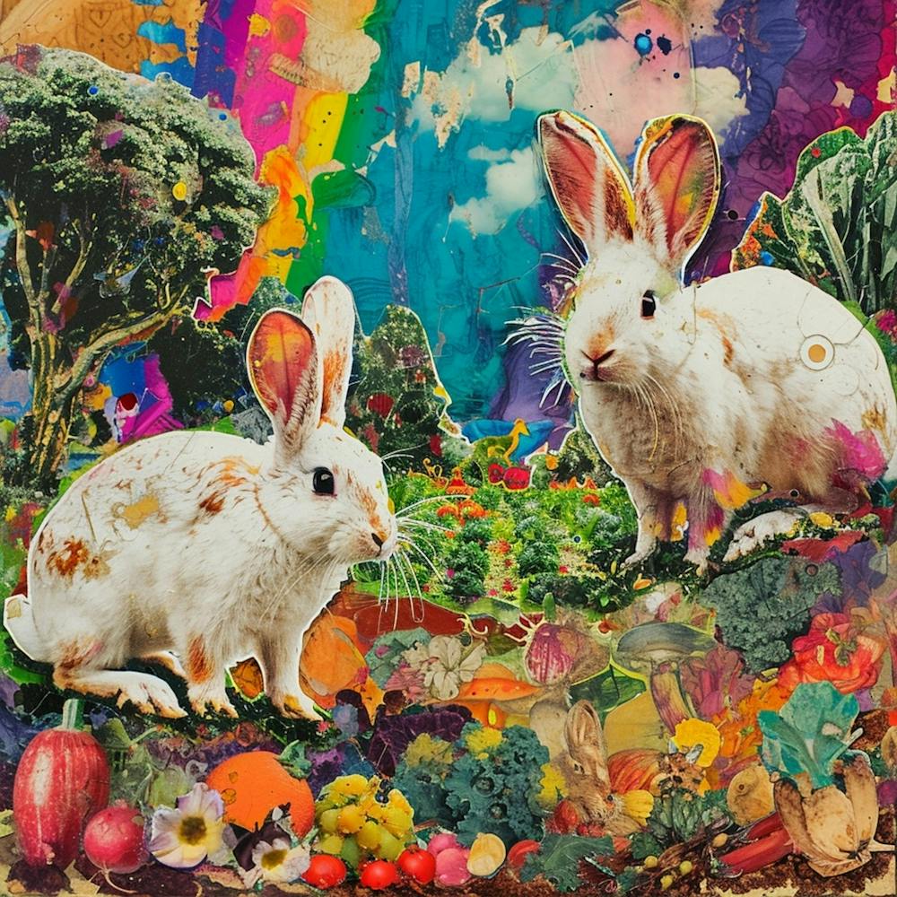 Rabbits Munching On Vegetables In The Field Kitsch Collage 2