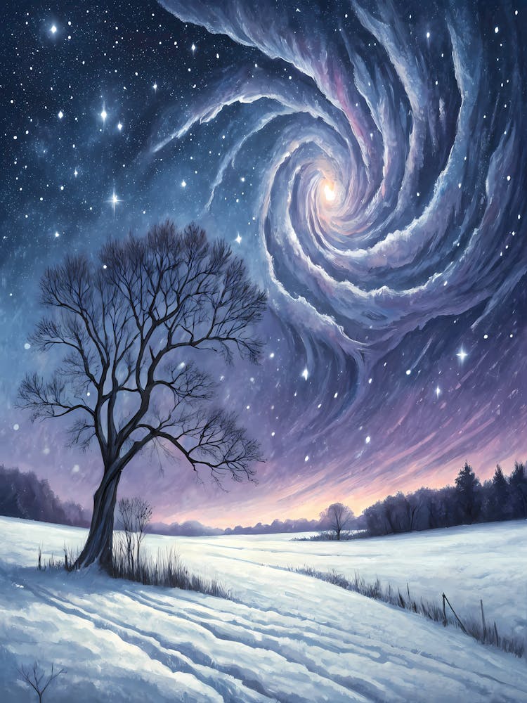Snowy Field with Swirling Cosmic Sky Oil Painting