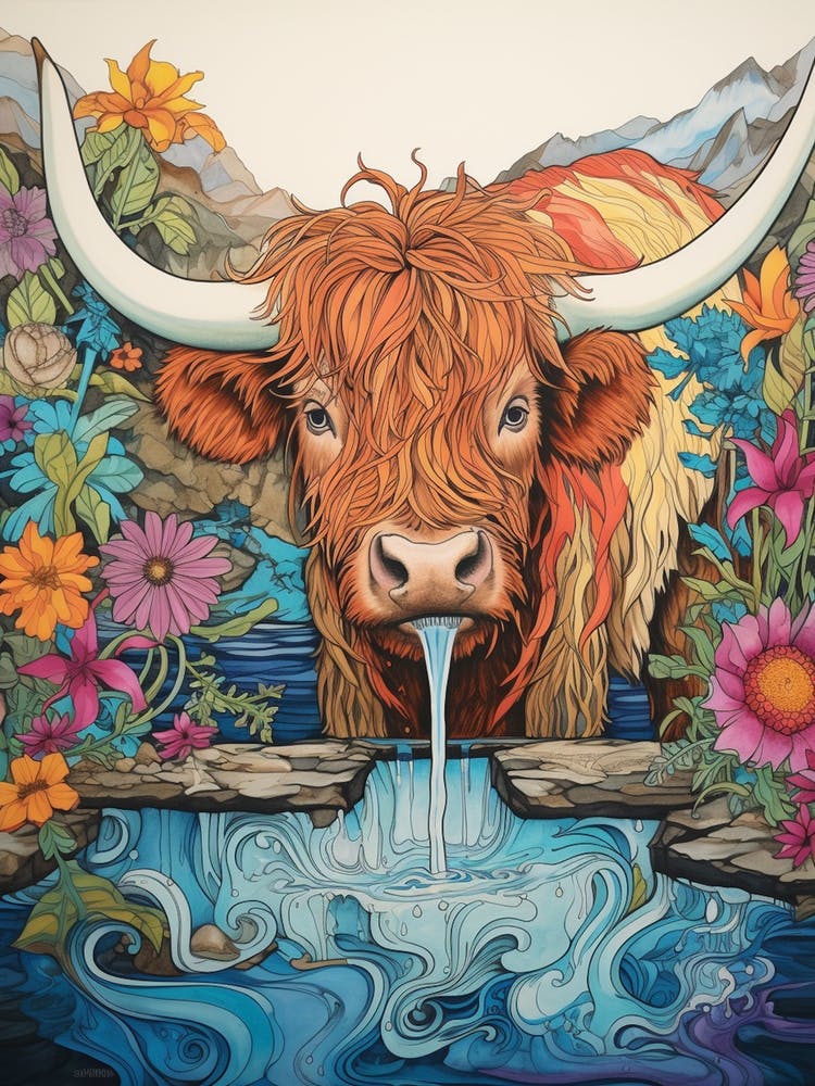 Floral Colourful Illustration Of Highland Cow Drinking Out Of Trough 1