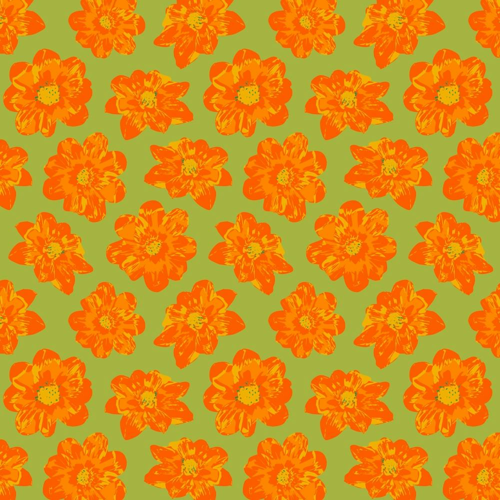 COSMIC COSMOS Multi Abstract Floral Summer Bright Flowers in Coral Orange Yellow on Lime Green
