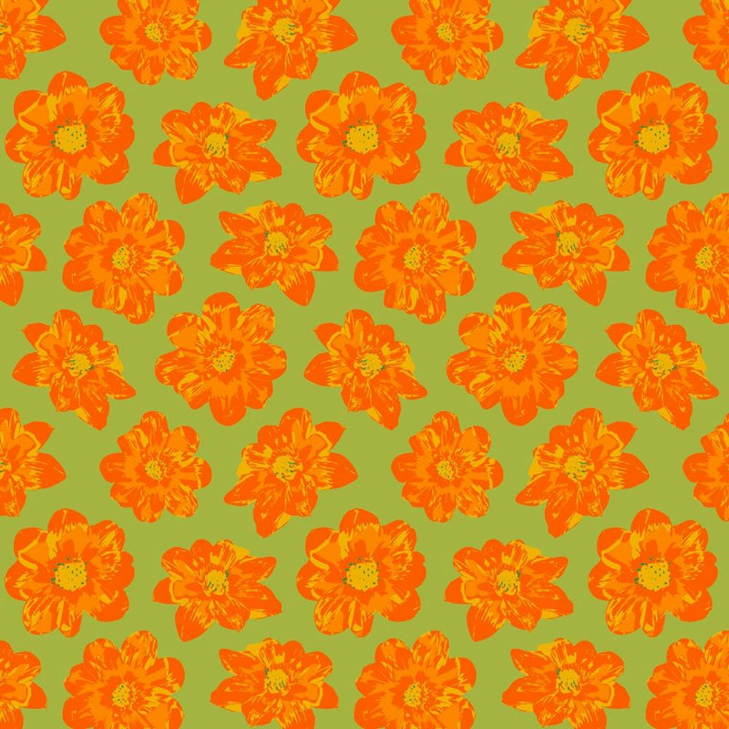 COSMIC COSMOS Multi Abstract Floral Summer Bright Flowers in Coral Orange Yellow on Lime Green