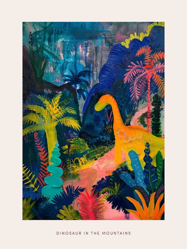 Colourful Tropical Dinosaur Mountain Painting Poster