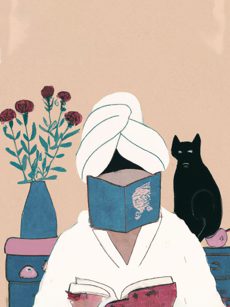 Girl Reading Books With A Black Cat
