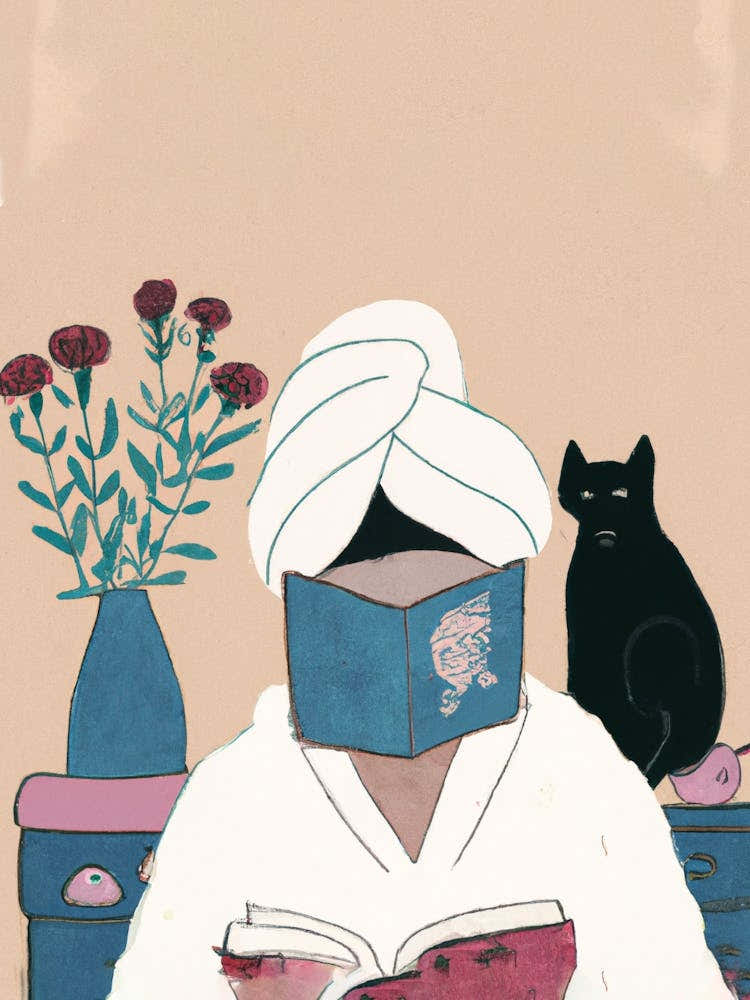 Girl Reading Books With A Black Cat