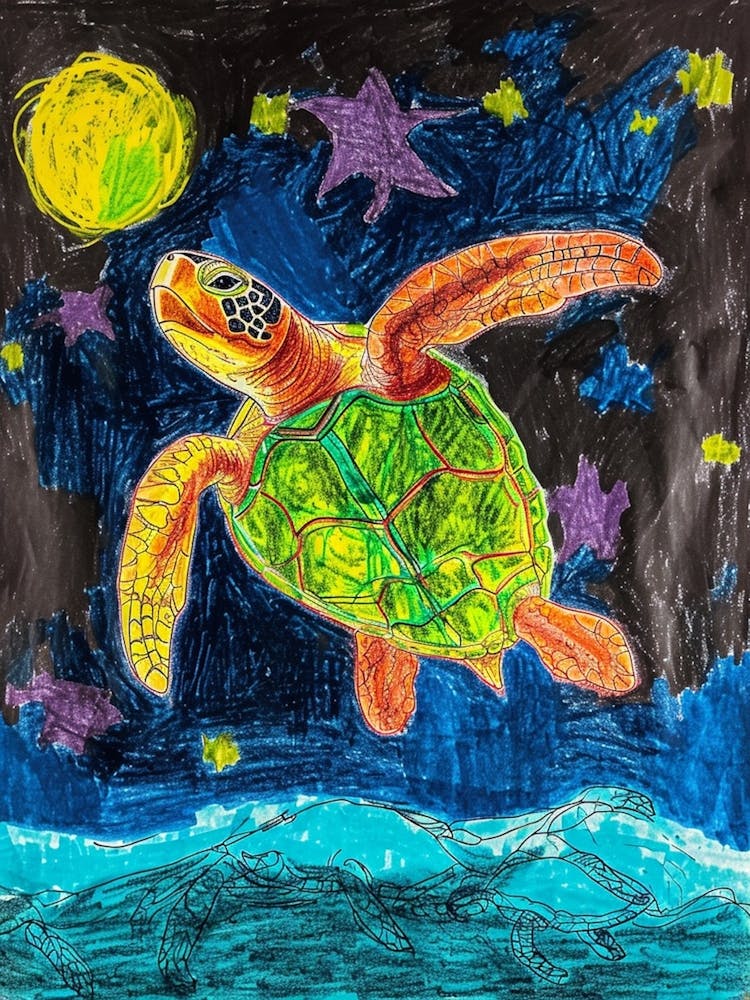 Sea Turtle At Night Crayon Drawing 2