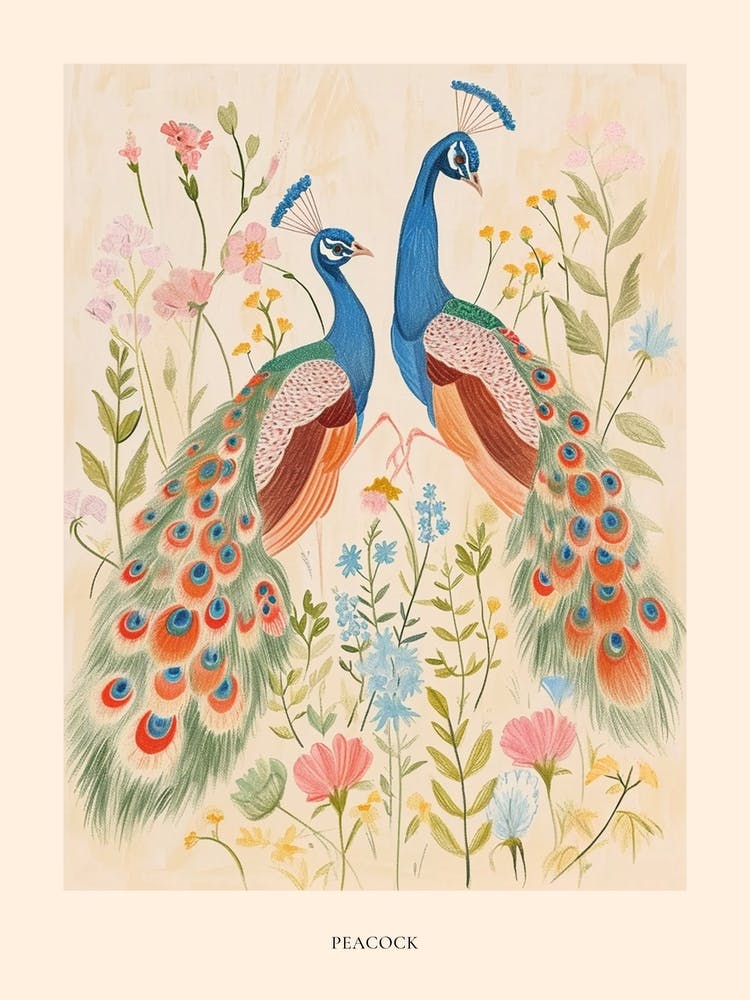 Folksy Floral Animal Drawing Peacock 2 Poster