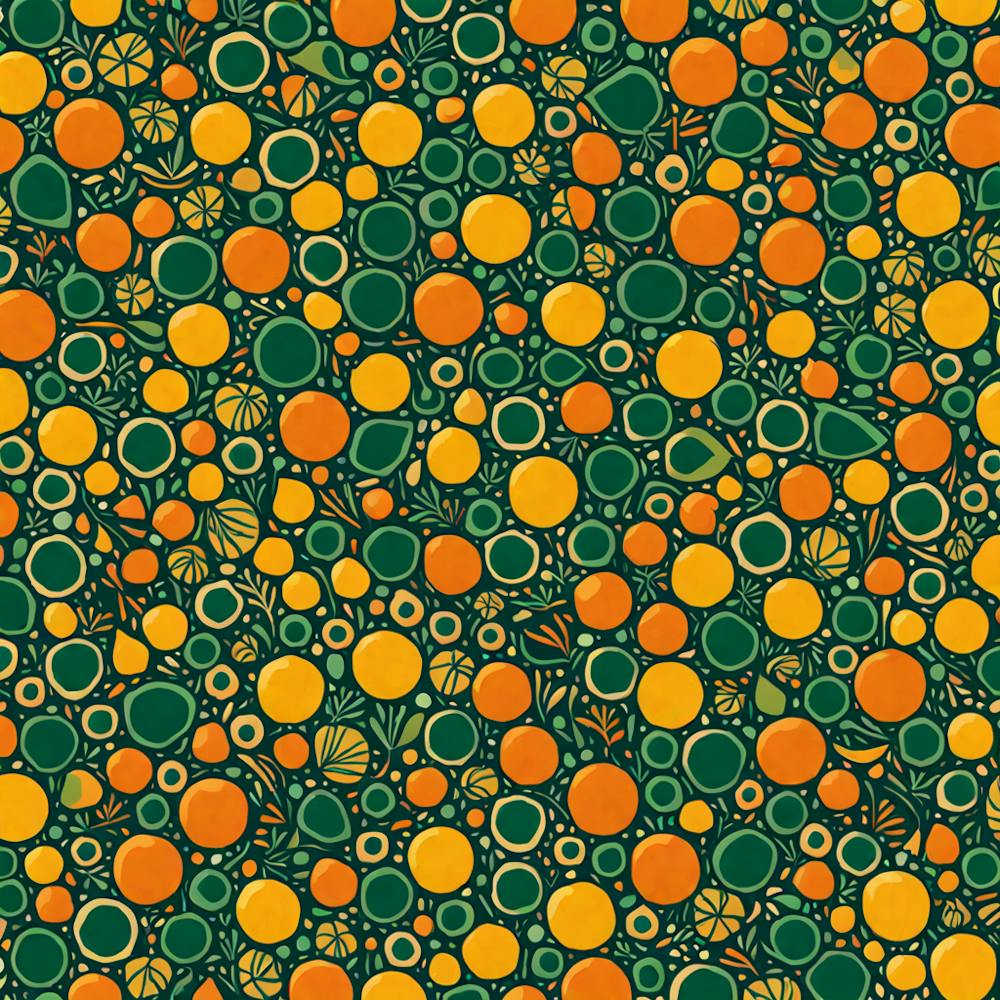 Oranges Muster, Ein Muster mit abstrakten Formen und Senf-, Rustikalgrün- und Orangefarben, Flat Art, 129