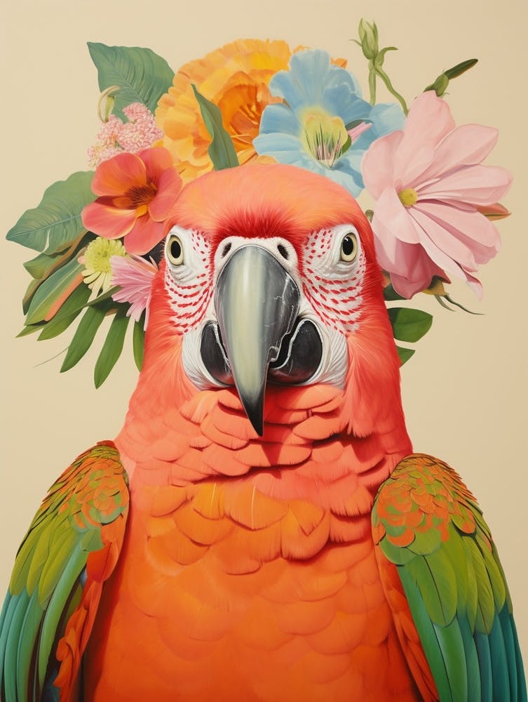 Vogel mit Blumenkrone Papagei 2