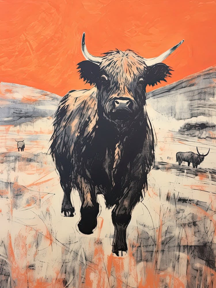 Highland Cattle, Woodblock Animal Drawing 4